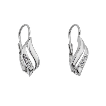 Silver earrings leverback wave white crystals Ag925